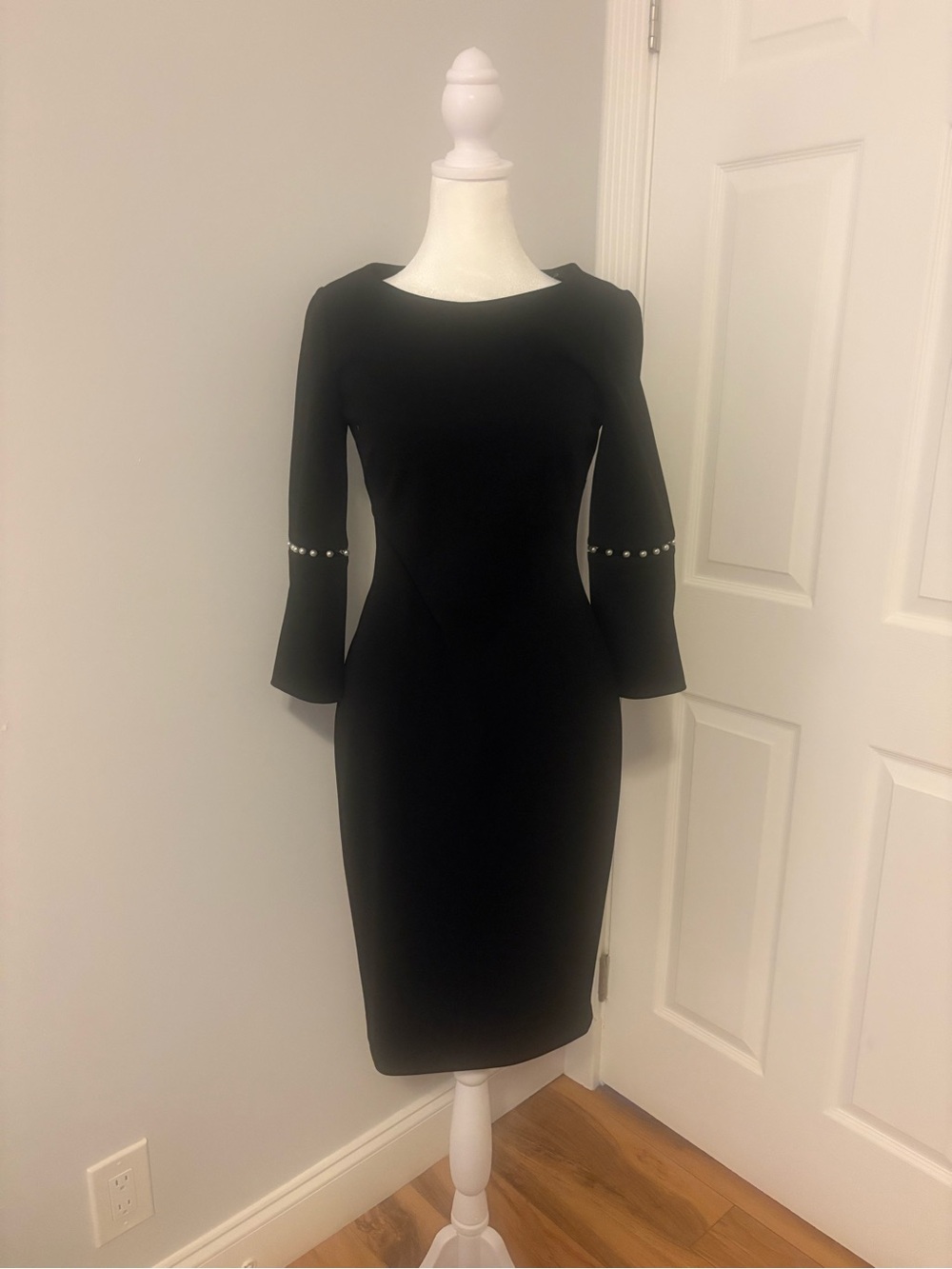 Calvin Klein Black Midi Sheath Dress with Pearl-Trim Bell Sleeves